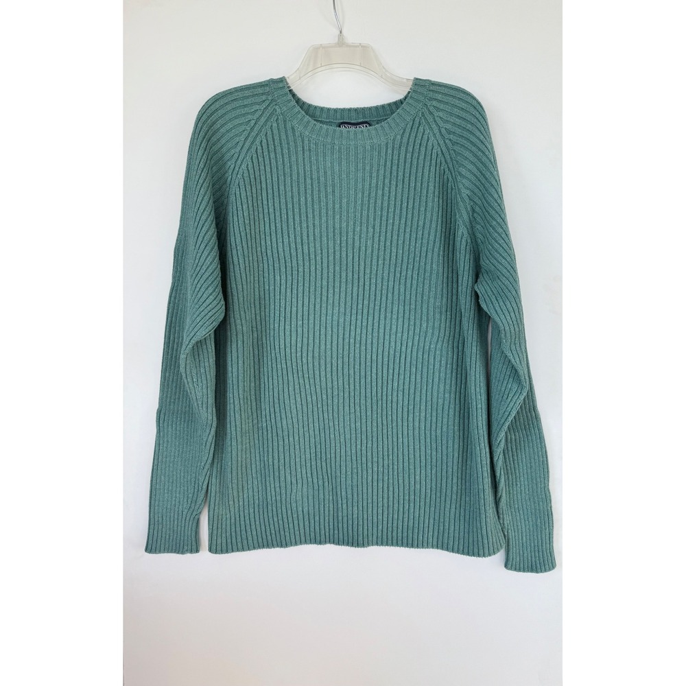 Lands End Ribbed Cotton Sweater Teal Green Mens XL 46-48 Regular Raglan Sleeve